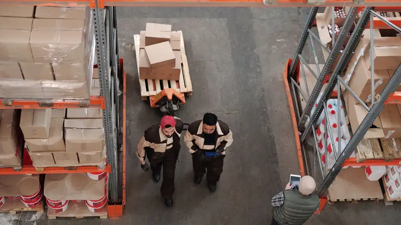 A warehouse aisle with a loaded pallet, seen from above